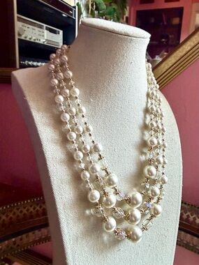 1960's Glamorous Bride 3-Strand Aurora Borealis Crystal and Pearl Japan Necklace